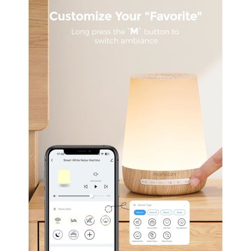 Baby Sound Machine, Momcozy White Noise Machine for Baby Sleeping with Night Light, Toddler Sleep Trainer with 34 Soothing Sounds, Timer, App Remote Control, Personal Sleep Routine(Wood Grain)