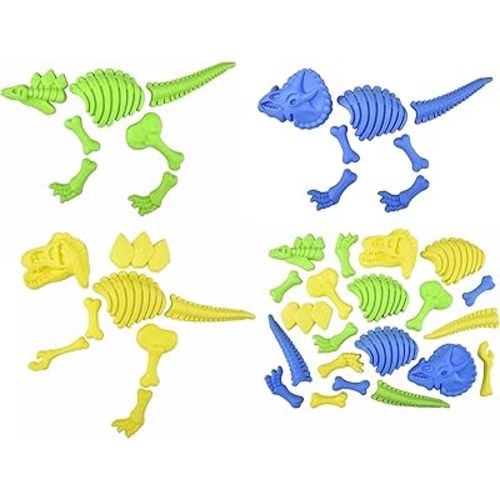 Dinosaur Fossil Sand Mold Beach Set (3 Dinosaurs Yellow, Green and Blue) Plastic. 22 Pcs. Young Paelontologist Kit. in Mesh Bag.