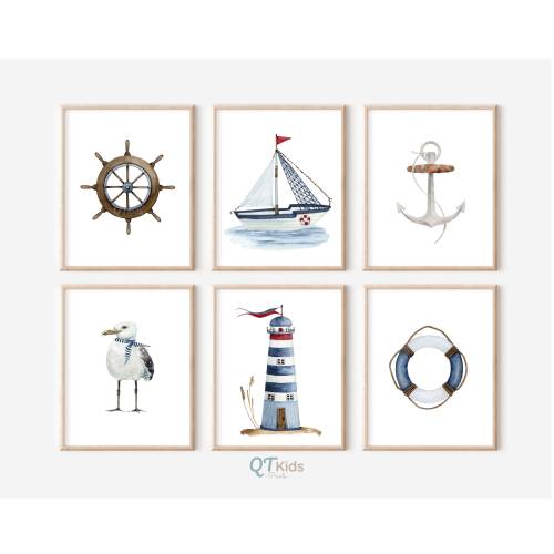 Nautical Nursery Prints, Sailboat Lighthouse Printable Wall Art, Seaside Ocean Boy Nursery Decor, Kids Room Wall Art, DIGITAL DOWNLOAD