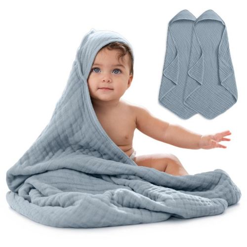 Comfy Cubs Hooded Baby Towels 2 Pack - 6 Layer, 100% Muslin Cotton - Large 32" x 32" - Pacific Blue