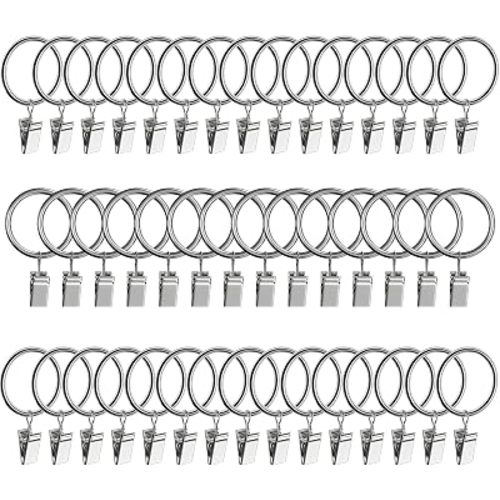 44pcs Curtain Rings with Clips Hooks, 1.26 inch Metal Stainless Steel Drapery Rings Hanger Clips for Tension Rod Bracket Eyelets Decorative Hangers, Silver (1.26" Interior Diameter)