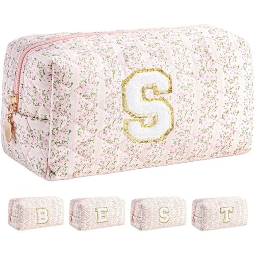 HBselect Initial Makeup Bag for Women, Pink Cosmetic Travel Toiletry Bag, Flowers Zipper Make Up Pouch Organizer Teen Girl Gifts Trendy Stuff S