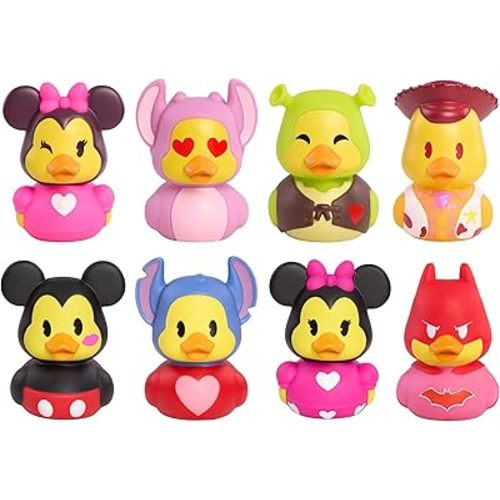 Duckalooz Valentine’s Collectible Duck Figures – 8-Pack Character Ducks (Batman, Shrek, Mickey, Minnie, Stitch, Angel & Woody), 2.75" Mini Toys for Kids Ages 3+
