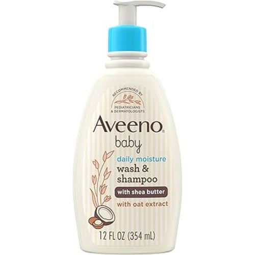 Aveeno Baby Daily Moisturizing 2-in-1 Wash & Shampoo, Baby Body Wash & Shampoo with Shea Butter & Oat Extract Gently Cleanses Baby's Sensitive Skin & Scalp, Gentle Coconut Scent, 12 fl. oz