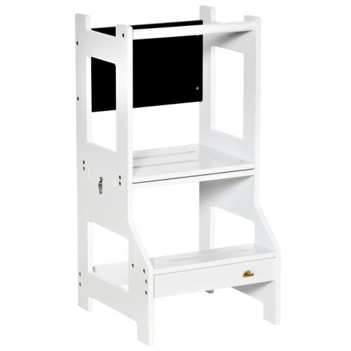 Qaba 2-in-1 Kids Kitchen Step Stool, Detachable Toddler Table and Chair Set, Toddler Step Stool with Safety Rail Chalkboard for Kitchen, Bathroom, Bedroom, Color: White
