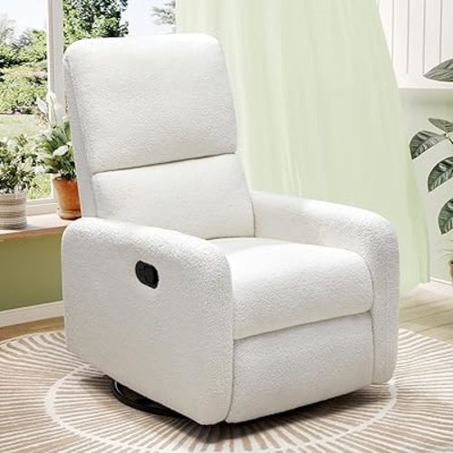 Jocisland Nursery Glider Chairs, Swivel Rocking Chair, Massage Rocker Recliner with High Back for Living Room Bedroom, Comfy Upholstered Modern Nursing Reclining Single Sofa, White Teddy