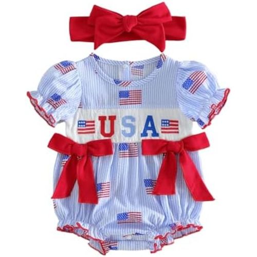 CIYCUIT 4th of July Baby Girl Romper with Headband Set USA Flag Smocked Bubble Jumpsuit Patriotic Outfit
