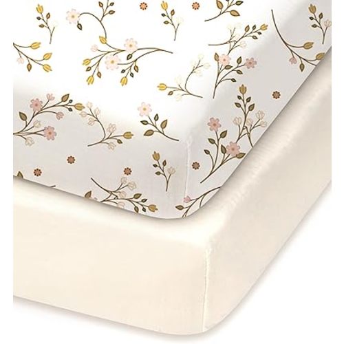 Pack and Play Sheets Fitted, Pink Vintage Floral&Beige, Soft and Safe, Hypoallergenic, 2 Pack for Baby Girls