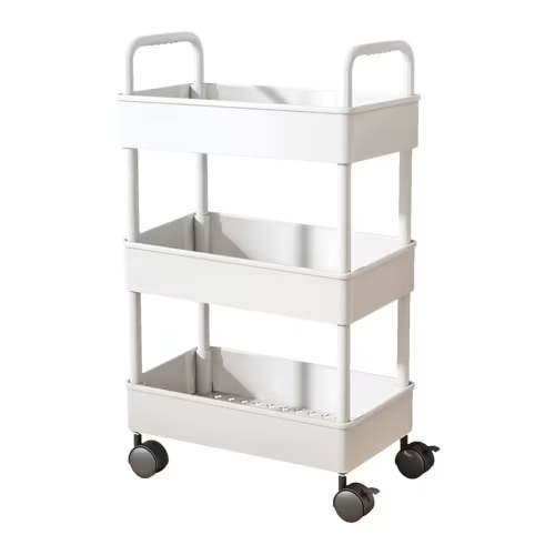 Cinvoph 3-Tier Rolling Cart Organizer with Wheels Armrests All-Purpose Storage Trolley for Kitchen, Office Bedroom 9"x14"x27" White