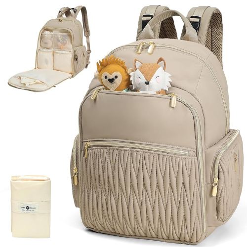 miss fong Diaper Bag Backpack - Baby Diaper Bag with Diaper Changing Pad Quilted Travel Diaper Backpack with 16 Pockets Mommy Bag Large Baby Bag Baby Shower Gifts for Mom & Dad-Khaki