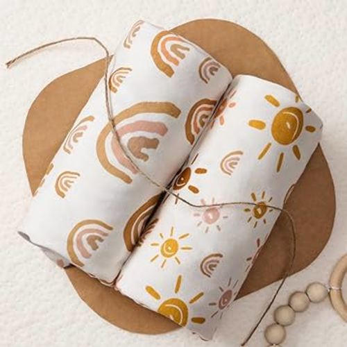 Babebay 2-Pack Mini Crib Sheets, Pack and Play Sheets Fitted for Pack N Play Mattress and Playard, Soft Jersey Knit Cotton for Baby (Boho Rainbow)