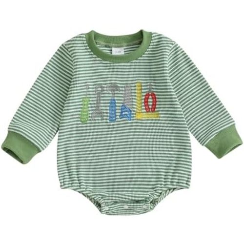 Newborn Baby Boy Fall Outfit Truck/Tool Long Sleeve Sweatshirt Bubble Romper Waffle Knit Striped Bodysuit Clothes