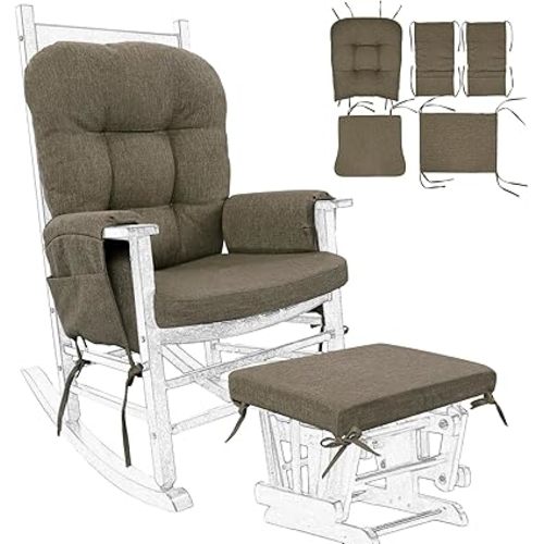 BUYUE Glider Rocker Replacement Cushion 5 PCS with Ties, Linen High-Density Foam Non-Slip & Washable Rocking Chair Pads for Sitting,Brown