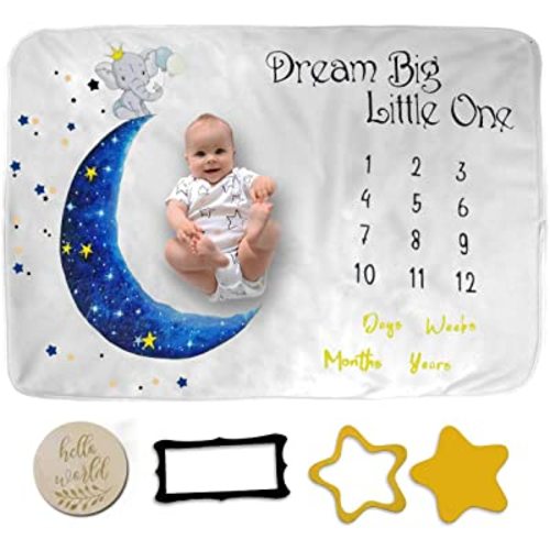 Baby Milestone Blanket Boy and Girl- Elephant and Moon Design, Baby Boy Gifts, Nursery Decor Baby Shower, Newborn Baby Blanket, Baby Growth Chart Blanket, Baby Milestone Blanket 50x40