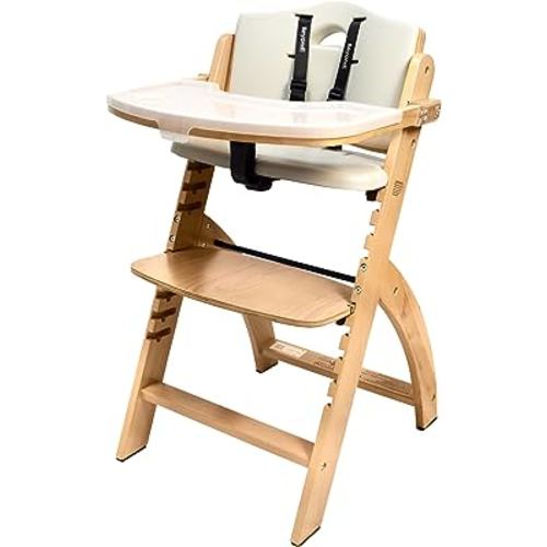 Abiie Beyond Junior Convertible Wooden High Chairs for Babies & Toddlers. 3-in-1 Adjustable High Chair with Removable Tray, Easy to Clean, Portable. 6 Mos. up to 250 Lb. Natural Wood/Dove Grey Cushion