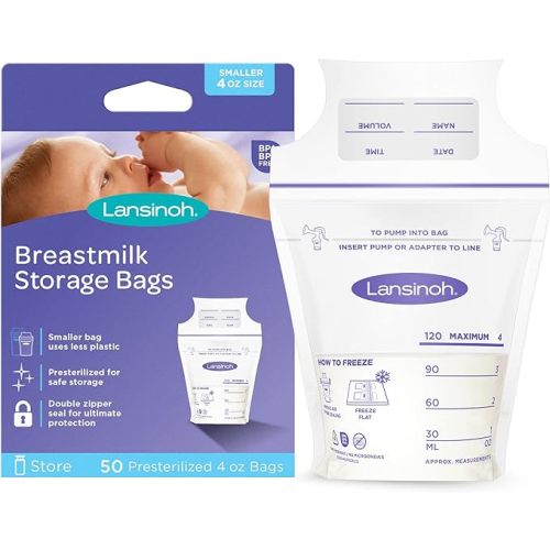 Lansinoh Breastmilk Storage Bags, 50 Count, 4 Ounce, Easy to Use Milk Storage Bags for Breastfeeding, Presterilized, Hygienically Doubled-Sealed, for Refrigeration and Freezing - 4 Ounces - 50.0