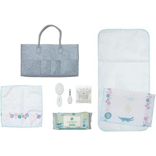 Little Me Accessories Caddy 7-Piece Baby Care Bundle with 60 Count Hypoallergenic Wipes, Hard Travel Case, Portable Changing Pad, Soft Wash Cloth, Nail Clippers, Safety Swabs, and Hairbrush