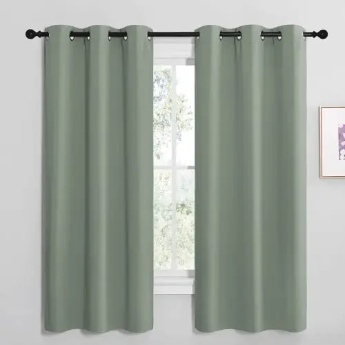 NICETOWN Greyish Green Room Darkening Curtains for Kitchen, Window Treatment Thermal Insulated Solid Grommet Room Darkening Curtains/Drapes for Bedroom (Set of 2, 42 inches Wide by 68 inches Long)
