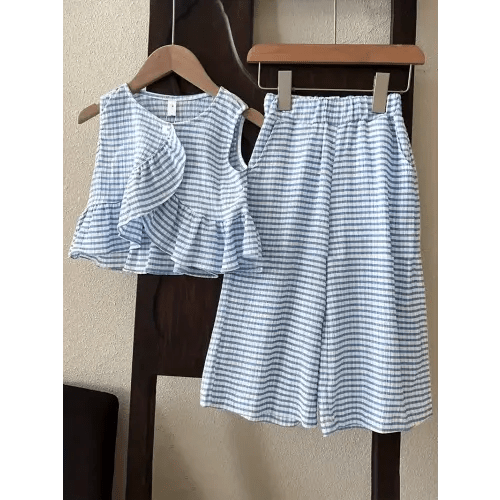 2pcs Girls Elegant Stripped Sleeveless Ruffle Trim Top + Wide Leg Pants Set Summer Clothes