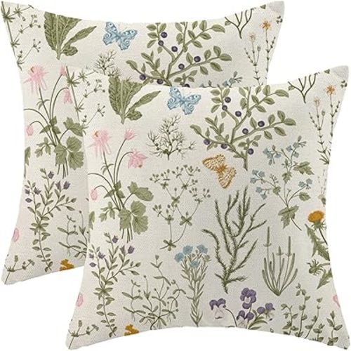 AEIOAE Spring Pillow Covers 22x22 Inch Set of 2,Sage Green Wild Flower Plant Throw Pillows Case,Seasonal Floral Outdoor Decorative Square Linen Farmhouse Decor Cushion Covers for Home Sofa Bed Couch