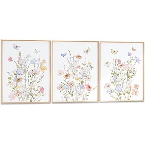 3 Pcs Wartercolor Wildflower Canvas Wall Art Butterfly Painting Poster Wall Decor Wildflower Butterfly Pictures for Living Room Nursery and Girl's Bedroom Room Decoration 16*24(Poster No Frame)