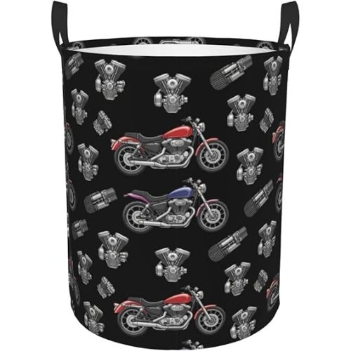 Portable Collapsible Hamper Cool Black Motorcycle, Waterproof Laundry Basket with Handles for Bedroom, Bathroom, Storage