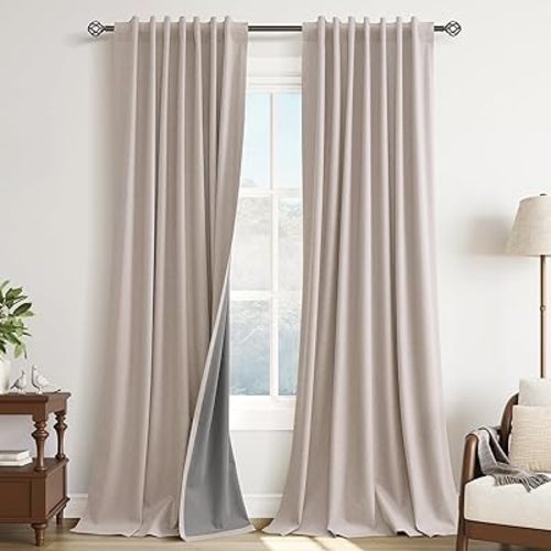 Guken Champagne Blackout Linen Curtains for Bedroom 84 Inches Long 2 Panels Set Luxury Modern Room Darkening Thermal Insulated Soundproof Privacy Back Tab Hook Belt Drapes Living Room 52x84 7Ft