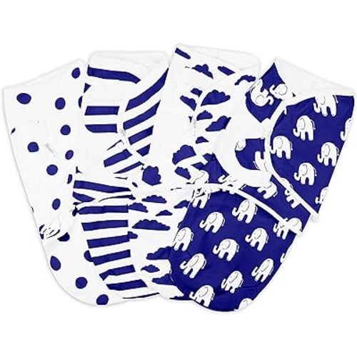 BaeBae Goods Swaddle Blanket, Adjustable Infant Baby Swaddling Wrap Set of 4, Baby Swaddling Wrap Blankets for Boys and Girls Made in Soft Cotton (Navy Elephants, 0-3 Months)