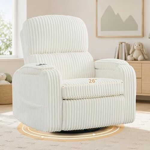 Power Swivel Rocker Recliner,Oversized Glider Recliner Nursery with Adjustable Headrest,Rocking Chair Nursery Recliner with Removable Cushion and Arm Storage for Living Room,Infinite Position,White