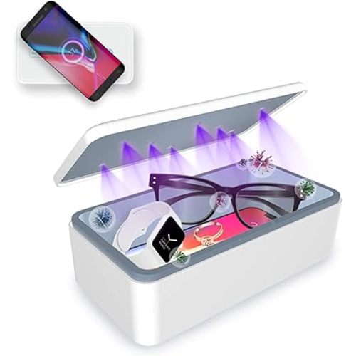 Multifunctional UV Light Sanitizer Box with Wireless Charging and 8 UV-C LED Lights for Phones, Toothbrushes, Jewelry, and More