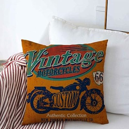 Throw Pillows Cover 18 x 18 Inches York Artwork Vintage Motorcycle Graphic Retro Bike Series Mens Old School Motorbike Chopper White Cushion Case Cotton Linen for Fall Home Decor