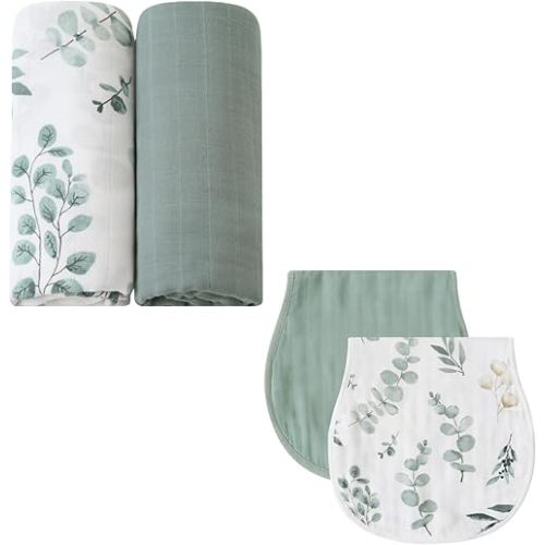 LifeTree Muslin Swaddle Blankets Neutral and Baby Burp Cloths for Newborn, 70% Viscose from Bamboo and 30% Cotton, Eucalyptus Leaves/Sage