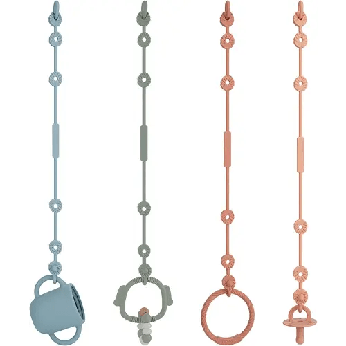 Toy Straps for Baby, Silicone Pacifier Clips Adjustable Stretchable Sippy Cup Straps for Strollers, High Chair, Cribs, Hanging Baskets, Shopping Trolley, Car Seat, Bags (Ether+Sage+Apricot+Muted)