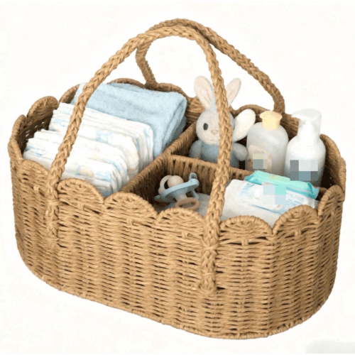 Foldable Scalloped Woven Diaper Caddy Organizer, Portable Wicker Baby Nursery Storage Basket with Handles and Removable Dividers, Boho Changing Table Organizer Bins for Wipes and Diapers