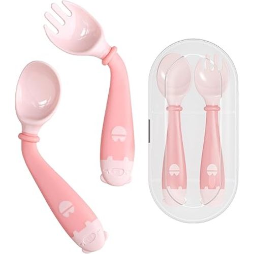 Deejoy Toddler Utensils with Travel Case, Baby Spoons and Forks Set for Self Feeding, Silicone Bendable Handle, Easy Grip Heat-Resistant, Self-feeding Flatware Sets for Kids (Stage 2) Pink