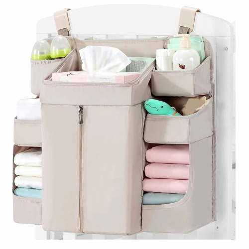 1 Pc Foldable Hanging Crib Storage Organizer With Multiple Pockets, Dual-Mount Design (Hanging/Wall-Mounted) For Diapers, Toys, Wipes, Changing Pads, Ideal For Nurseries, Baby