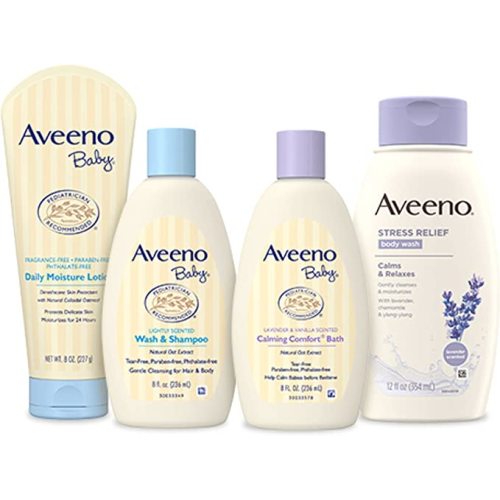 Aveeno Baby Mommy & Me Daily Bathtime Gift Set including Baby Wash & Shampoo, Calming Baby Bath & Wash, Baby Moisturizing Lotion & Stress Relief Body Wash for Mom, Soap-Free, 4 items