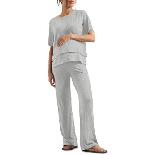 Tankaneo Womens Postpartum Maternity Pajamas 2 Piece Sets Rib Short Sleeve Nursing Tops and Elastic Waist Pants Loungewear