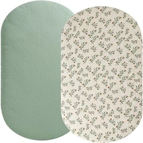 Muslin Bassinet Sheet Compatible with UPPAbaby Bassinet, 2 Pack Cotton Stylish Boho Fitted Bassinet Sheets Super Soft for Baby Roman Green & Botanical Leaf
