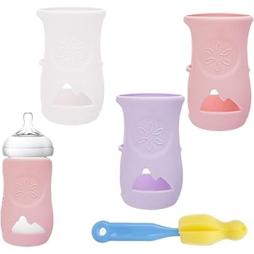 3 Pack Silicone Sleeves for Avent Natural Glass Baby Bottles, Shatter Proof Silicone Sleeve with Brush for Philips Avent Glass Bottles 8 Ounce, Baby Bottle Holder for Phillips Avent Glass Bottles