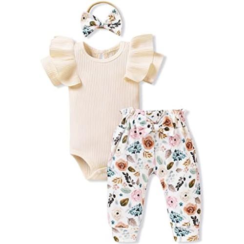 fioukiay Preemie Newborn Baby Girls Clothes Infant Little Kids Romper Bodysuit Pants Headband Clothing Set Summer Outfits