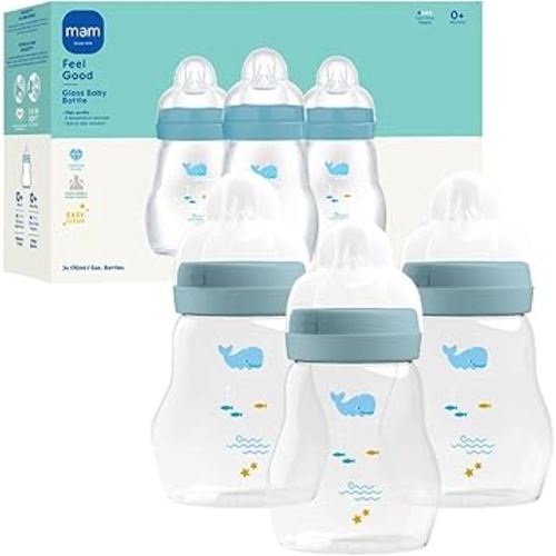 MAM Premium Glass Baby Bottles, Easy Switch Between Breast and Bottle, Feel Good Slow Flow, Newborn Essentials Must Have, 0+ Months, BPA Free, 6oz, Boy, 3 Pack