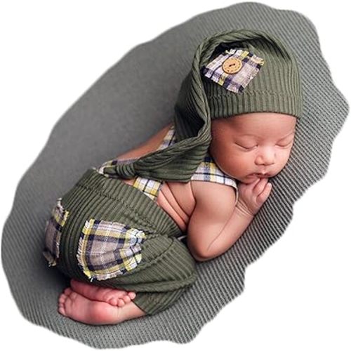 Zeroest Newborn Boy Photo Outfit Props Baby Boy Photography Outfit Photo Shoot Boy Pictures Suspenders Pants Sleeping Hat (Olive Green)