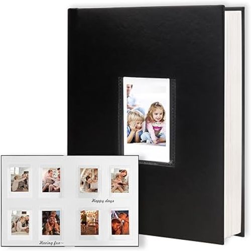 Veicevol Photo Album with Writing Space for Fujifilm Instax Mini 12 11 9 40 90 8 7 Evo Liplay Instant Camera, 128 Pockets Photo Album for Polaroid, Leather Cover Handmade Paper 2x3 Photo Album.Black