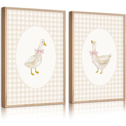 Nursery Goose Wall Art Girl Coquette Canvas Wall Decor Baby Room Wall Art Pink Bow Pictures Vintage Prints Duck Gingham Poster Girl Nursery Painting for Bedroom Living Room 12x16x2 Inch Unframed