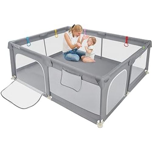 Dripex Baby Playpen, 79"×59" Play Pens for Babies and Toddlers, Safe Anti-Fall Play Yard with Gates, Baby Fence with Breathable Mesh, Indoor & Outdoor Kids Activity Center, Anchor Grey