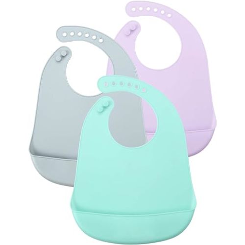 PandaEar Cute Super Thin Light Weight Unisex Silicone Baby Bibs Waterproof (Blue/Purple/Grey)