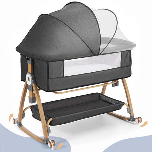 Baby Bassinet, Caveen Bedside Bassinet for Baby, 4 in 1 Portable Bedside Sleeper Rocking Crib with Wheels, Mosquito Net & Storage Basket, 6 Height Adjustable, Grey