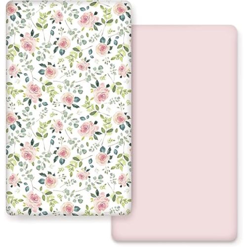 GRSSDER Stretchy Ultra Soft Jersey Knit Fitted Crib Sheets Set 2 Pack, Cozy Crib Sheet Girl Fits All Standard Crib Mattress Pads, Beautiful Pink Rose Print