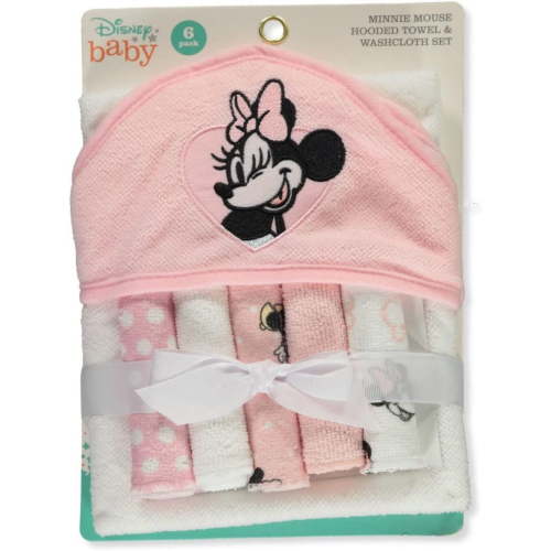 Disney Baby Minnie Mouse Hooded Towel with 5 Piece Washcloth Set, Rosy Dream Print, GS71796